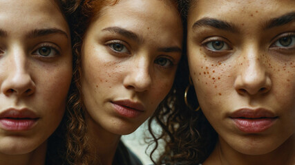 striking, close-up portrait of three women