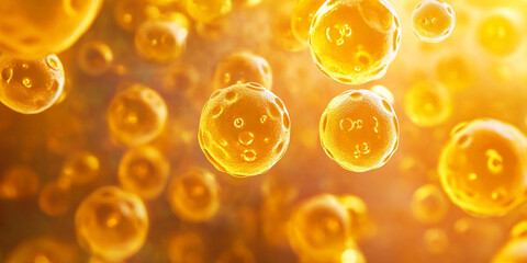 Fat bright yellow cells background. Inside human organism, 3D render, illustration, closeup.