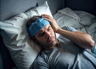 Obraz premium A person with a migraine lying in a dark room with an ice pack.