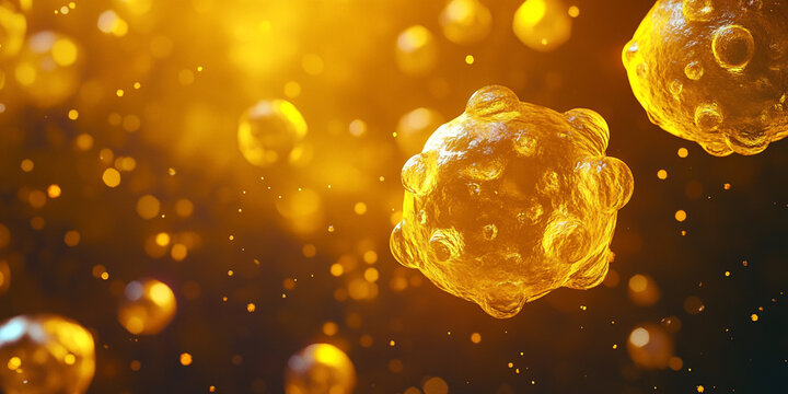 Microscopic yellow cells, abducted against a background with golden particles