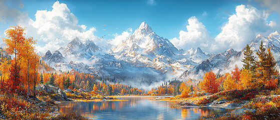 Obraz premium Breathtaking snowy mountain range with a crystal clear alpine lake in the foreground