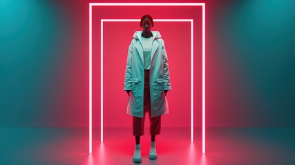 Fototapeta premium Fashionable Silhouette: Elegant Outfit Illuminated by Intricate Light and Shadow Play