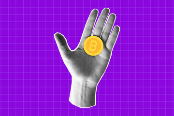 Paper cut halftone hand holding bitcoin on a purple background. Concept of financial planning and saving, cryptocurrency, shopping, banking, business.