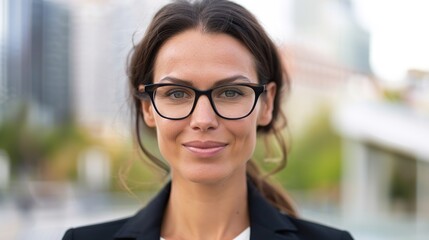 Fototapeta premium Confident Businesswoman in Professional Attire with City Office Background