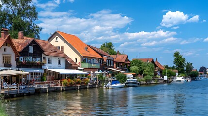Fototapeta premium A quaint riverside towards houses 