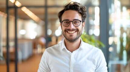 Fototapeta premium Confident Young Professional Smiling in Urban Office Setting with Copy Space for Text