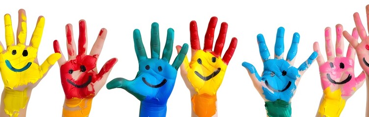 many colorful smiling hands with painted smiles on a white background, isolated.