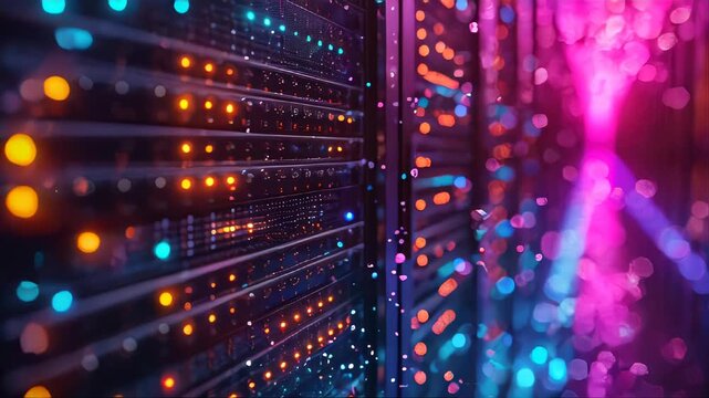 fiber optic with servers in a technology data center with wires and equipment