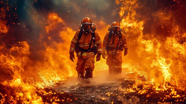 Portrait of firefighter in uniform and mask. Firefighter in action