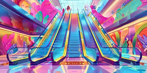 Three escalators in colorful, whimsical setting.