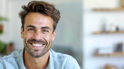 Obraz premium Close-up Portrait of a Smiling Man with Dimples in Casual Attire Engaging with Viewer in Cozy Studio Setting