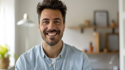 Naklejka premium Charming Man with Dimples Smiling in Cozy Studio - Close-up Portrait with Candid Connection and Casual Attire