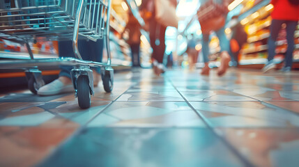 Fototapeta premium Macro view of shopping cart wheels on a supermarket tile floor with feet of busy shoppers blurred in the background 