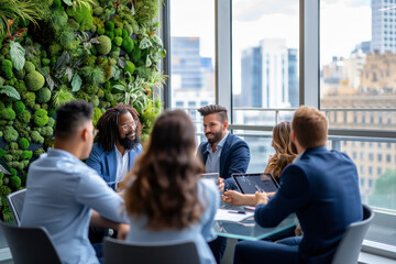 Fototapeta premium A diverse team engages in a brainstorming session in an urban office featuring a living wall of greenery