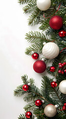 Christmas Pine Branches with Red and White Ornaments. Christmas background with empty place for a text. 

