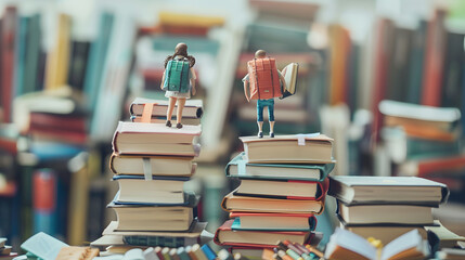 Obraz premium Micro-sized teachers with books and students with backpacks balanced on heaps of school supplies 