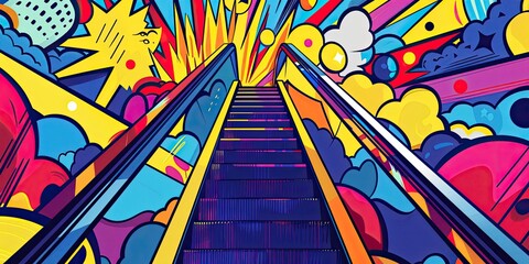 Colorful cartoon escalator in abstract design.