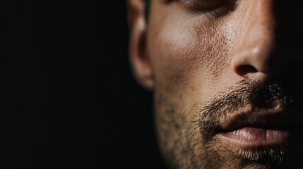 Obraz premium Intense Portrait of a Man with Light Stubble in Dramatic Studio Lighting