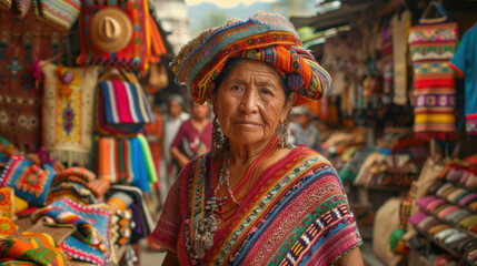 An elderly indigenous woman dressed in traditional attire stands in a vibrant market filled with colorful textiles and crafts.