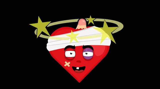 video animation heart character cartoon, injured, a black eye, with a bump and stars spinning on the head. On a transparent background with alpha channel set to zero