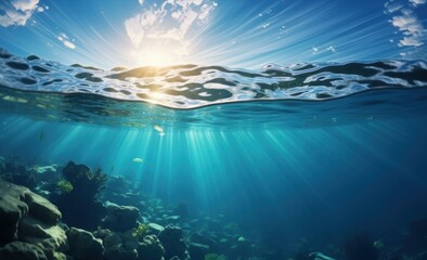 Naklejka premium Split underwater view with sunny sky and serene sea