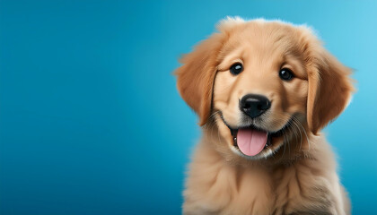  Portrait of a Happy Golden Retriever Puppy on a Light Blue Background – A portrait of a hap_1(249)