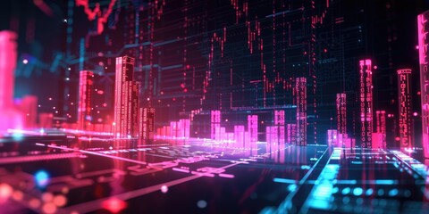 Neon city skyline with glowing skyscrapers.