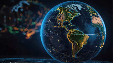 Digital globe with the concept of global network and communication on Earth, high-speed data transmission and cyber technology, information exchange and international communication,