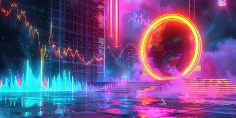 Obraz premium Neon lights illuminate futuristic scene with glowing portal.