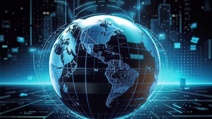 Digital globe with the concept of global network and communication on Earth, high-speed data transmission and cyber technology, information exchange and international communication,
