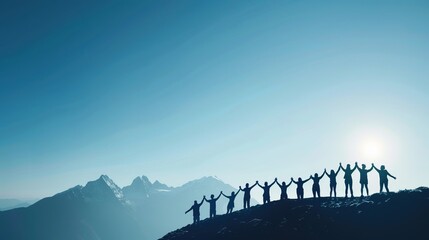 Unity in Nature - Diverse Group Creating Human Chain on Mountain Top, Symbolizing Solidarity and Strength
