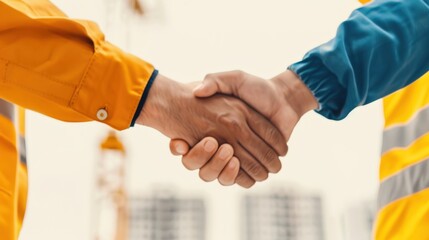 Successful Teamwork Celebration - Construction Workers Shaking Hands at Finished Site