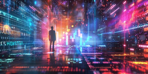 Obraz premium Silhouette of a man in a glowing neon city.