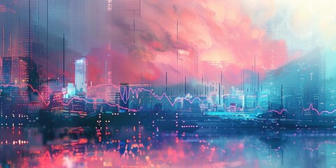 Fototapeta premium Abstract cityscape with pink and blue hues.