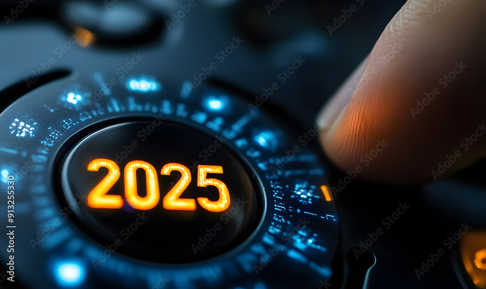 Fototapete button with the year 2025 to click on the change of year. concept: end of the year, new year