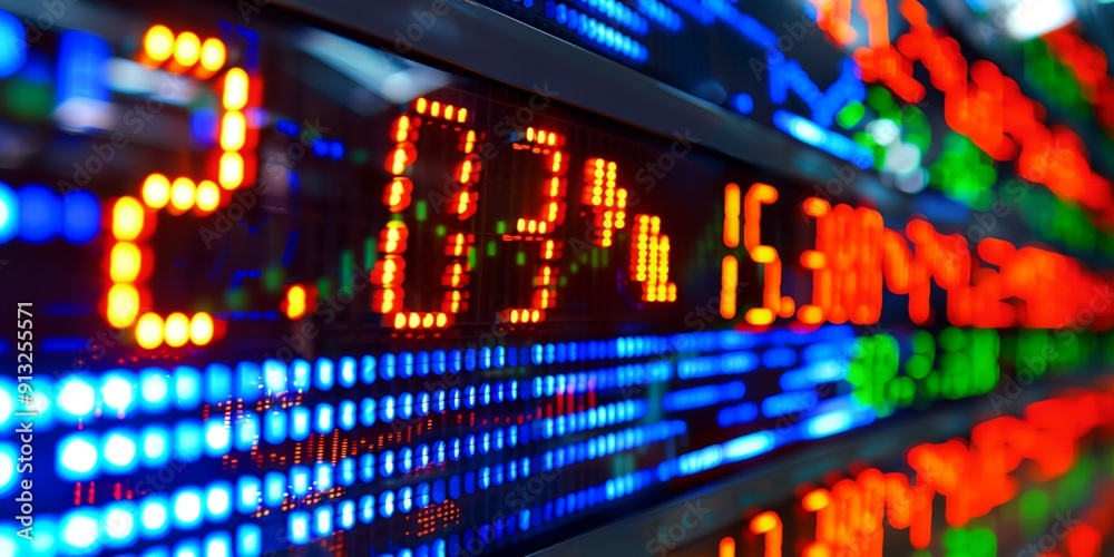 Poster a large display of stock market prices with a red number 20 on the left. the numbers are in red and 
