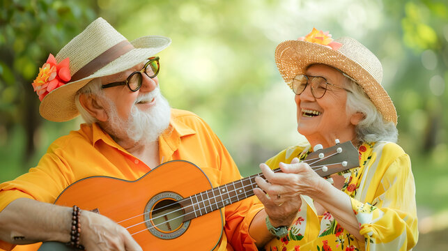 Carefree and Vibrant Senior Couple Passionately Playing Ukulele Together in the Lush Park Setting Enjoying Time and Sharing Their Musical Talents - Powered by Adobe