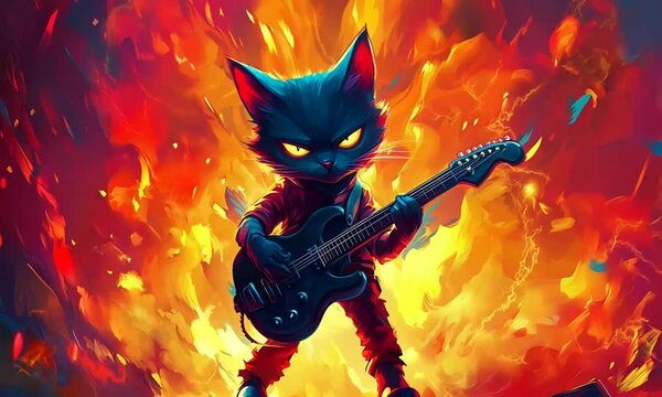 Gato de dibujos animados guitarrista en el escenario