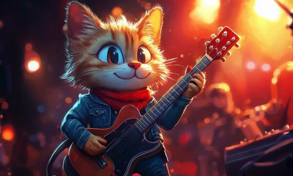 Gato de dibujos animados guitarrista en el escenario