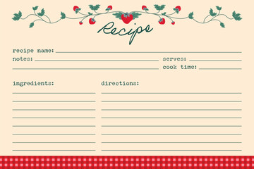 Recipe card template with strawberry and leaves illustration