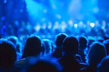 Obraz premium Photo of an audience at a conference event listening to presenters on stage with a blue backdrop, blur background, close up shot. 