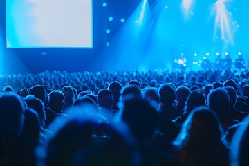 Obraz premium Photo of a large crowd at an event with presenters on stage and presentation screens against a blue background. Web banner with space in the right corner for text.