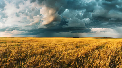Panoramic shot of endless wheat fields in the prairies and dramatic storm clouds gathering on the horizon 