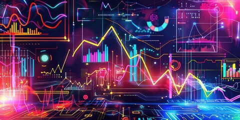 Neon glowing graphs and data visualizations.
