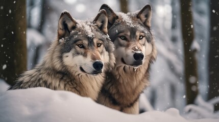 Obraz premium Two wolves stand in the snow, one looking at the camera and the other looking off to the side.
