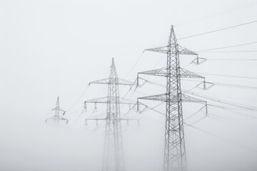 High Voltage Power Lines Amidst Dense Fog