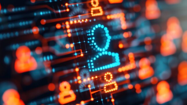 Cyber Security Threat Visualization: Abstract Network Grid with Malware Symbols and Human Figure