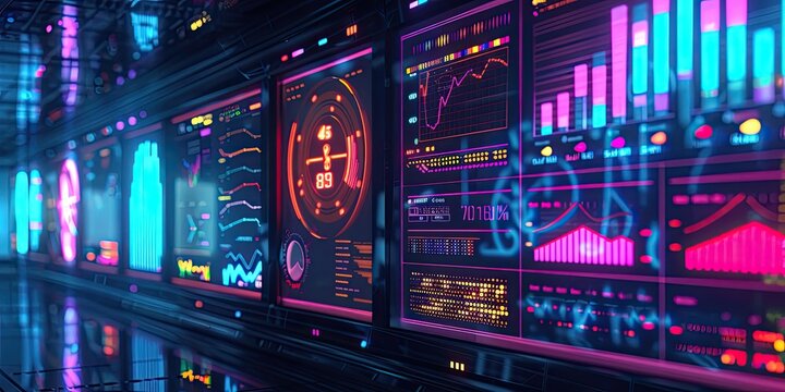 Neon glowing screens displaying data and graphs.