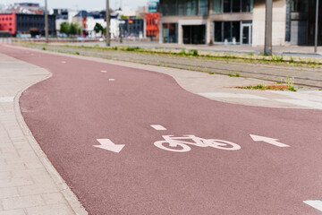Empty Red Bicycle Path In Modern CIty
