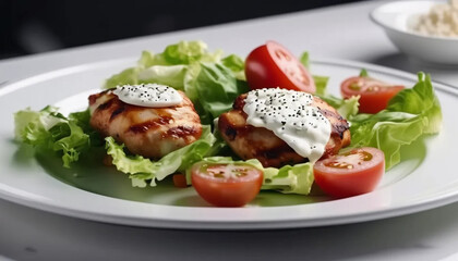 Baked chicken with lettuce and tomatoes. Close up. 